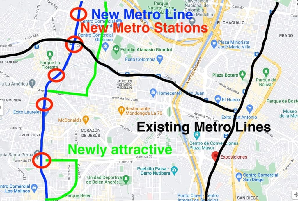 carte du nouveau metro à Laureles Medellin